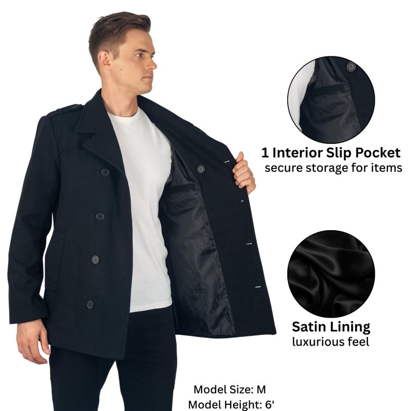 Alpine Swiss Jake Mens Wool Pea Coat Double Breasted Jacket Black Med - Image 3